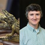headshot of jamie ellis and gator statue award